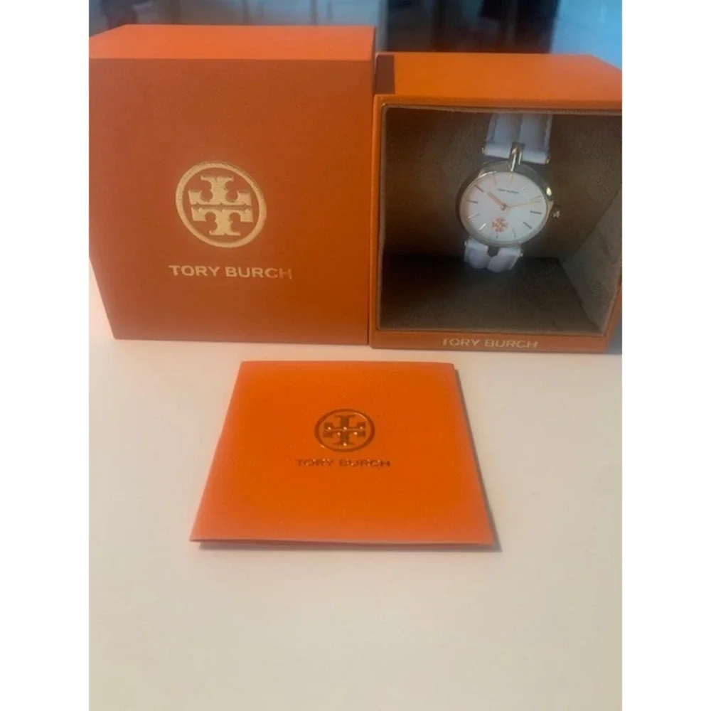 Tory Burch TBW2040 Gold Tone White Leather Band‎ Logo Dial Women's Watch NIB